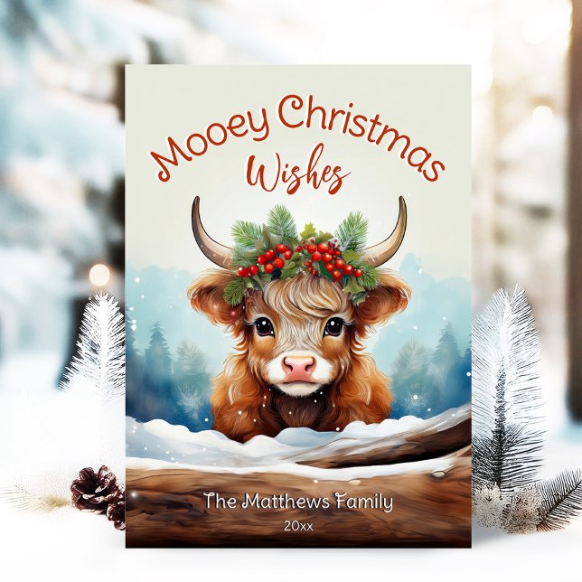 Peeking Highland Cow Mooey Christmas Farmhouse Holiday Card (Adorable Winter Snowy Scene With Peeking Dogs or Farm/Woodland Animals - Over 50 to Choose From!)