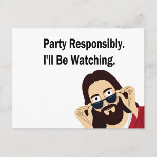 Peeking Jesus Party Responsibly I'll Be Wat Invitation Postcard