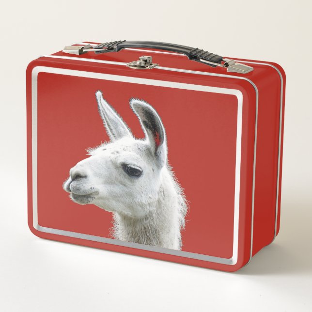 Peeking Llama Portrait on a Deep Red Background Metal Lunch Box (Front)