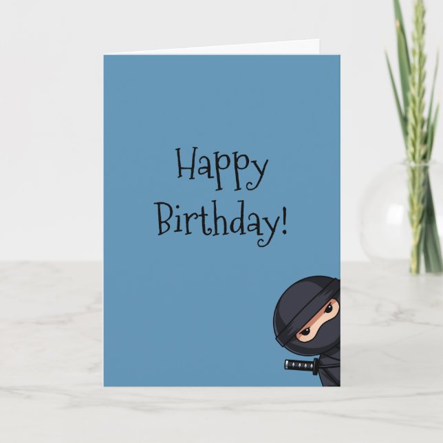 Peeking Ninja on Blue Birthday Card (Front)