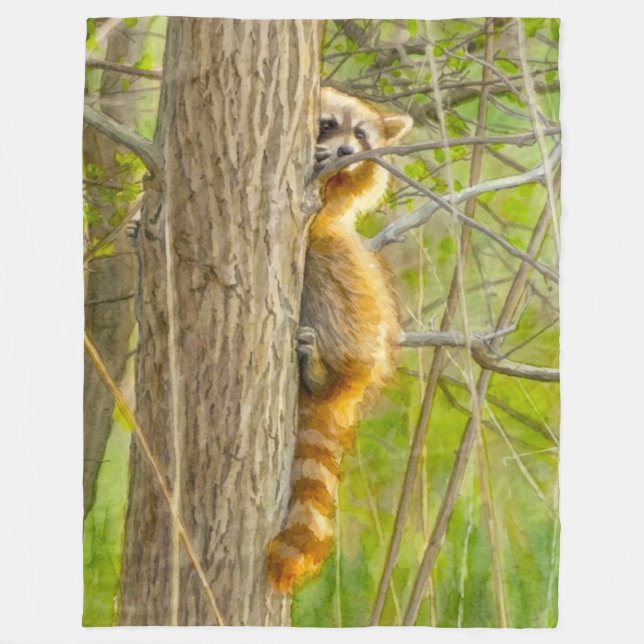 Peeking Racoon Watercolor Artwork Fleece Blanket (Front)