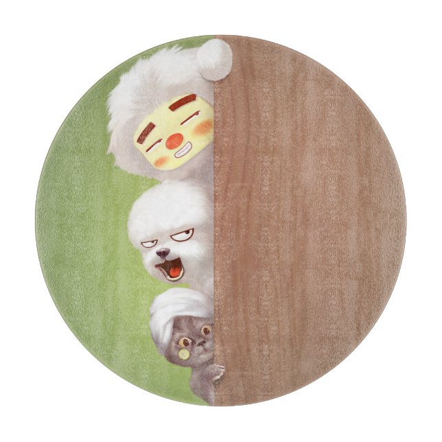 Peeking Trio: Funny Animal Stack & Smile Pup Cutting Board (Front)