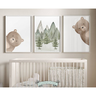 Peeking Woodland Bear Nursery Prints