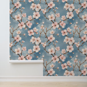 Peel and Stick Cherry Blossom Watercolor Blue Wallpaper