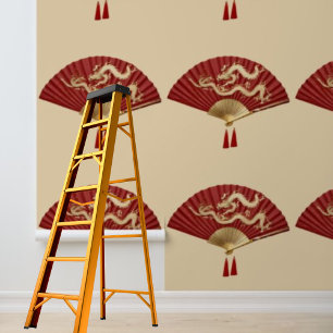 Peel and stick wallpaper red Chinese dragon fans
