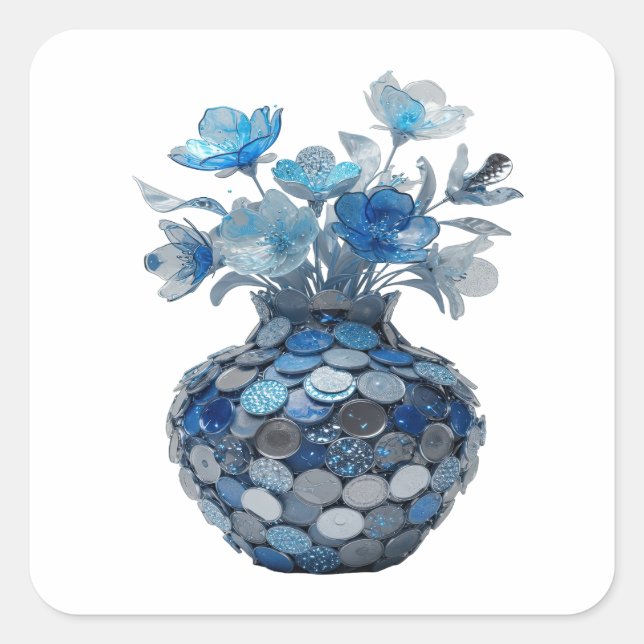Peelable Silver BLUE FLORAL VASE Sticker Art (Front)
