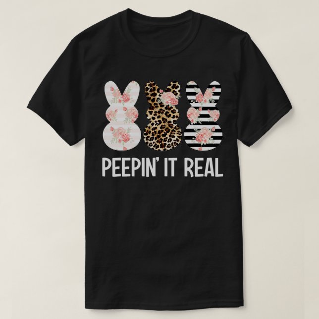 Peepin' It Real Cute Bunny Rabbit Leopard Easter  T-Shirt (Design Front)