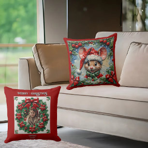 Peeping Christmas Mouse Throw Pillow