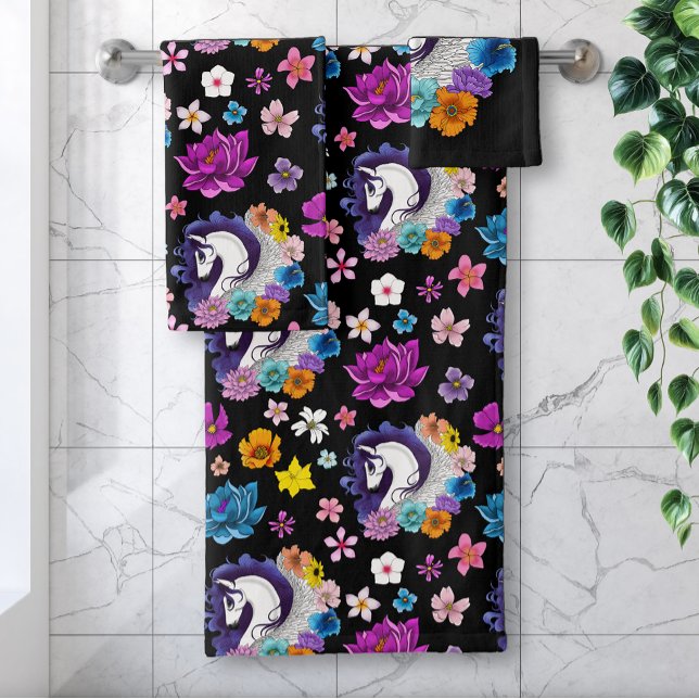 Pegasus Black Floral Bath Towel Set (Creator Uploaded)