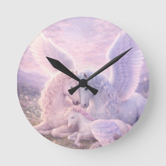 Pegasus Family – Soft Pastel Fantasy Canvas Art Round Clock (Front)