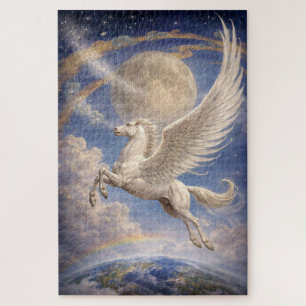 Pegasus Flying Between Earth And Moon Fantasy Art Jigsaw Puzzle