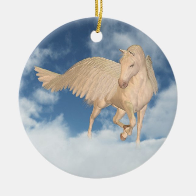 Pegasus Looking Down Through Clouds Ceramic Tree Decoration (Front)