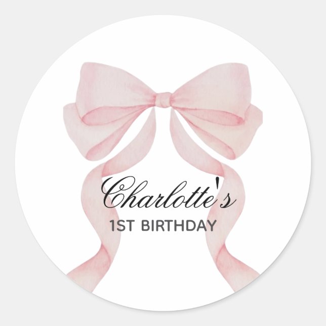 Pegatina Pink Bow Girl First Birthday Classic Round Sticker (Front)