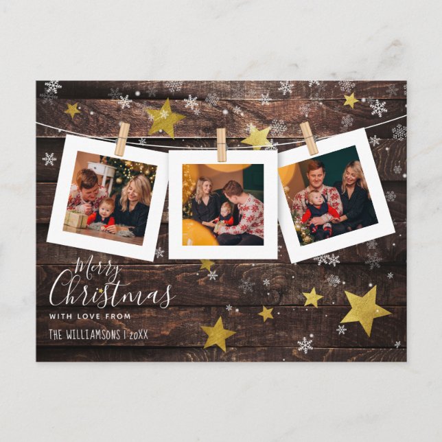 Pegged Photo Line | Wood & Gold Christmas Holiday Postcard (Front)