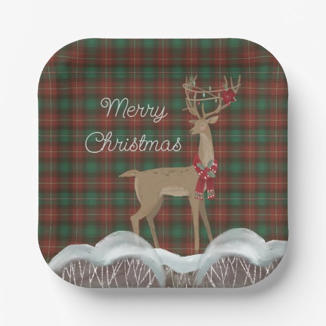 PEI Provincial Tartan and Christmas Deer  Paper Plate (Front)