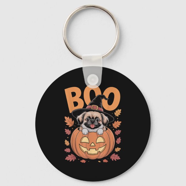 Peke Costume On Pumpkin Halloween Pekingese  Key Ring (Front)