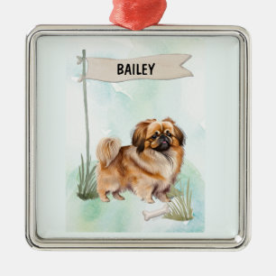 Pekinese Watercolor Personalized Dog Metal Tree Decoration