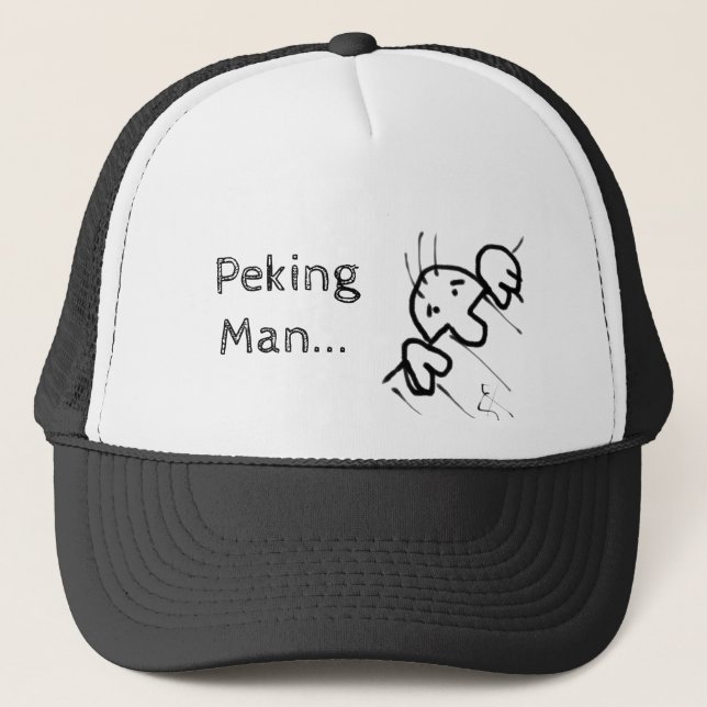 Peking Man Cute Cartoon Man Peeking Over a Fence Trucker Hat (Front)