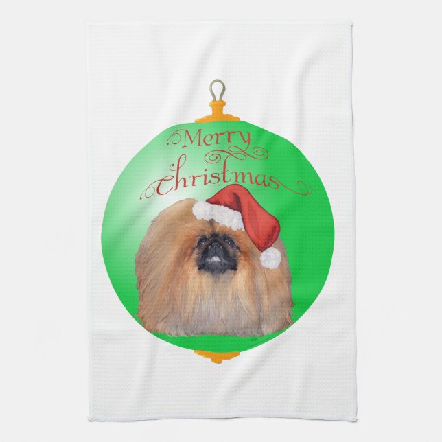 Pekingese Christmas Ornament Tea Towel (Vertical)