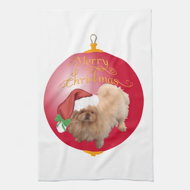 Pekingese Christmas Ornament Tea Towel (Vertical)