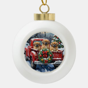 Pekingese Christmas Red Truck Holiday Ceramic Ball Christmas Ornament