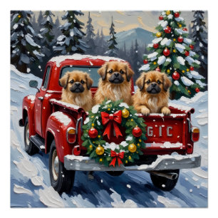Pekingese Christmas Red Truck Holiday Poster