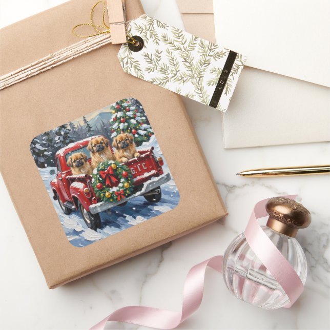 Pekingese Christmas Red Truck Holiday Square Sticker (Gifting)