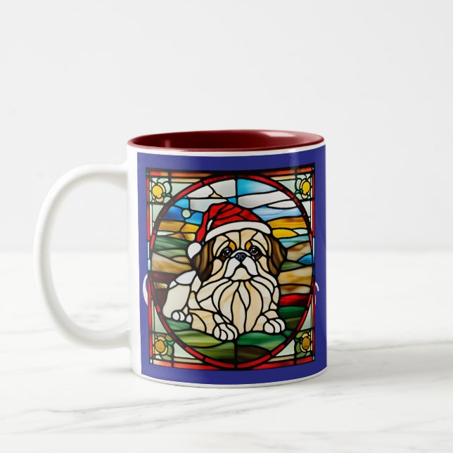 Pekingese Christmas Stained Glass  Two-Tone Coffee Mug (Left)