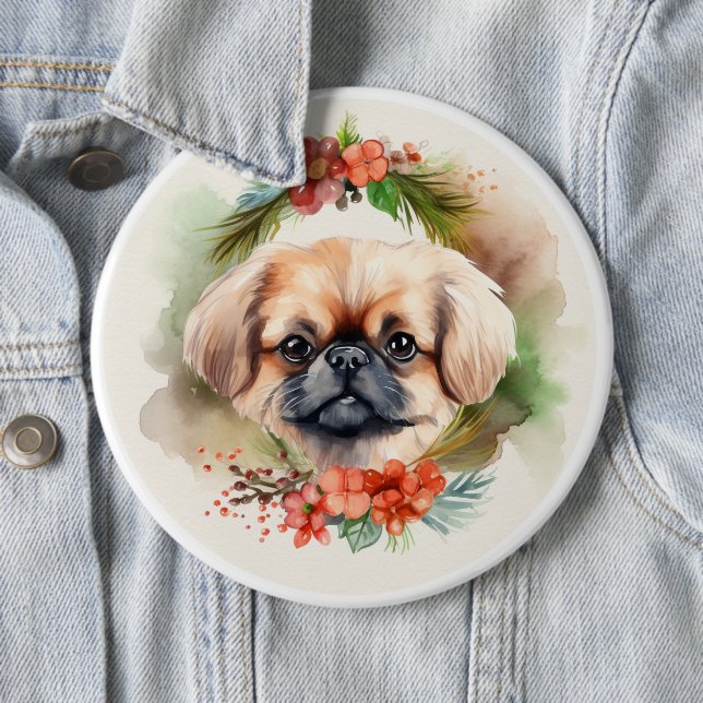 Pekingese Christmas Wreath Festive Pup  6 Cm Round Badge (In Situ)