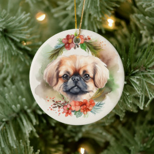 Pekingese Christmas Wreath Festive Pup  Ceramic Tree Decoration