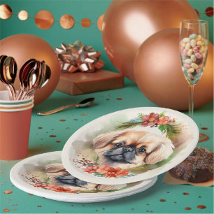 Pekingese Christmas Wreath Festive Pup Paper Plate