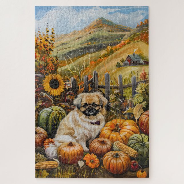 Pekingese Dog Autumn Harvest Thanksgiving Jigsaw Puzzle (Vertical)