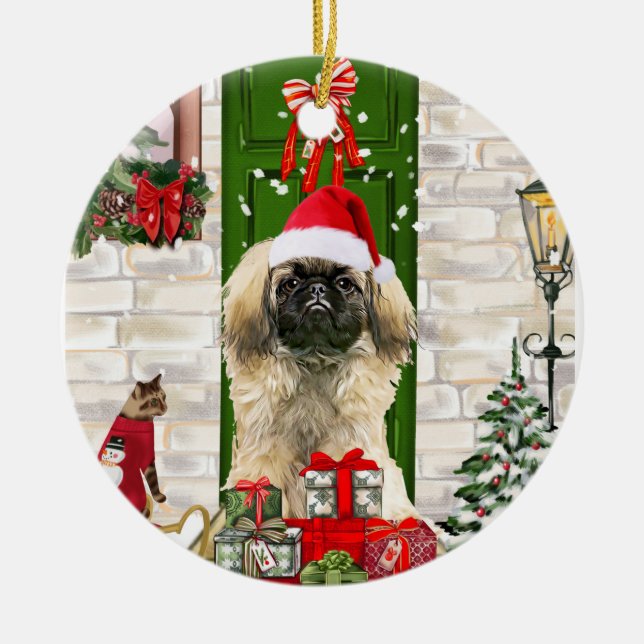 Pekingese Dog Christmas  Ceramic Tree Decoration (Front)