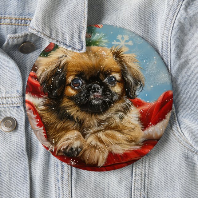 Pekingese Dog Christmas Festive 6 Cm Round Badge (In Situ)