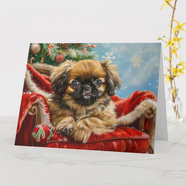 Pekingese Dog Christmas Festive Card (Yellow Flower)