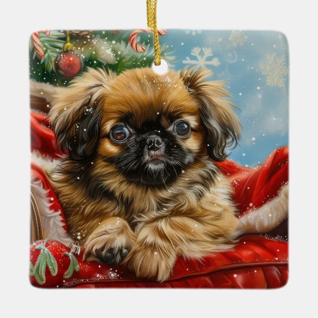 Pekingese Dog Christmas Festive Ceramic Ornament (Front)