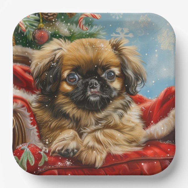 Pekingese Dog Christmas Festive Paper Plate (Front)
