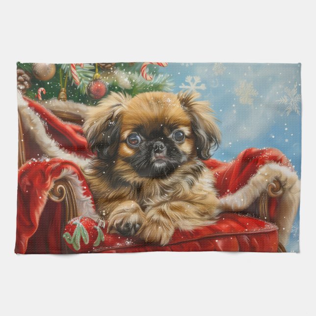 Pekingese Dog Christmas Festive Tea Towel (Horizontal)