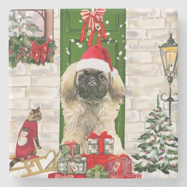 Pekingese Dog Christmas  Stone Coaster (Front)