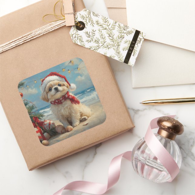 Pekingese Dog Christmas Vintage Beach  Square Sticker (Gifting)
