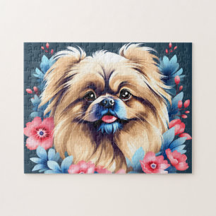 Pekingese Dog Floral Elegant Jigsaw Puzzle