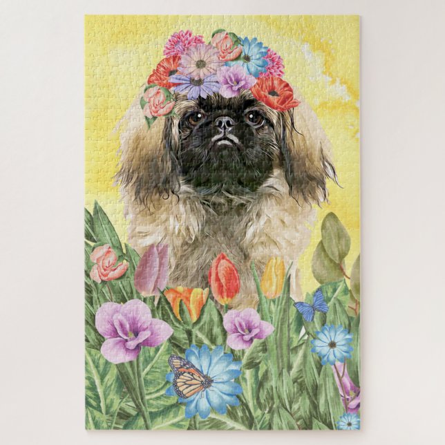Pekingese Dog Flowers Jigsaw Puzzle (Vertical)