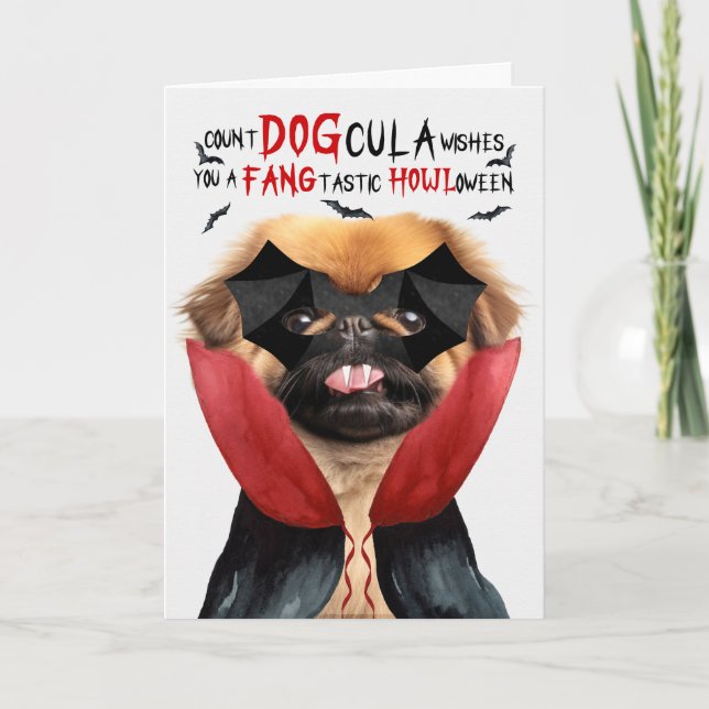 Pekingese Dog Funny Count DOGcula Halloween Holiday Card (Front)