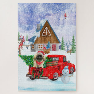 Pekingese Dog In Christmas Delivery Truck Snow Jigsaw Puzzle