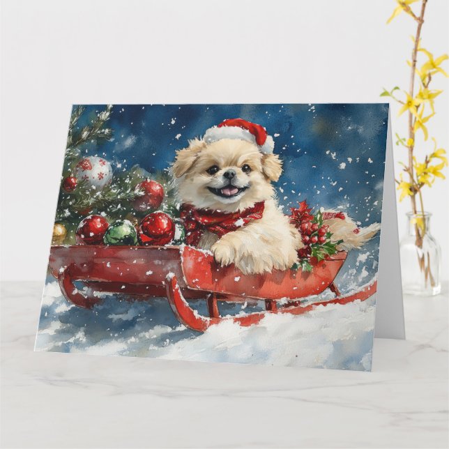 Pekingese Dog in Sledge Let it Snow Christmas Card (Yellow Flower)