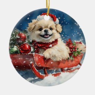 Pekingese Dog in Sledge Let it Snow Christmas Ceramic Tree Decoration