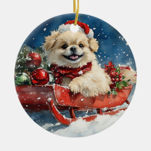 Pekingese Dog in Sledge Let it Snow Christmas Ceramic Tree Decoration (Front)