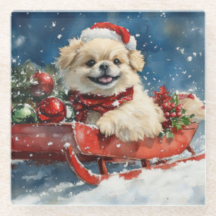 Pekingese Dog in Sledge Let it Snow Christmas Glass Coaster