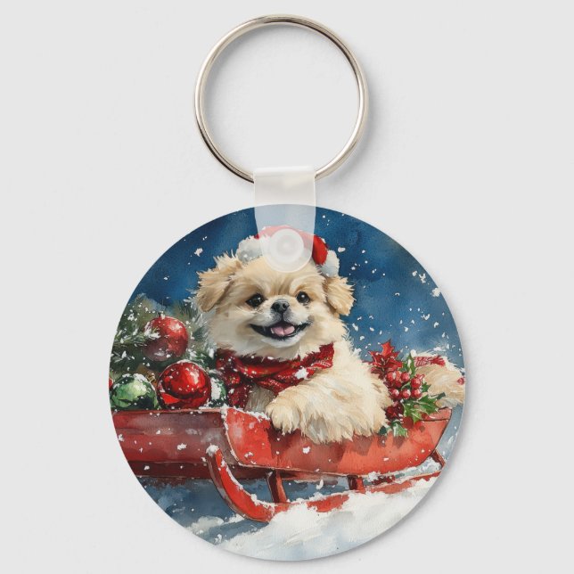 Pekingese Dog in Sledge Let it Snow Christmas Key Ring (Front)