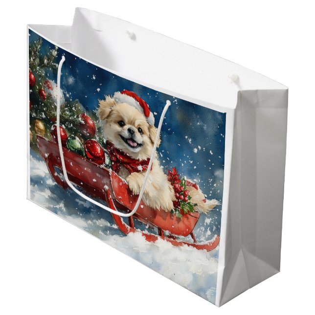 Pekingese Dog in Sledge Let it Snow Christmas Large Gift Bag (Front Angled)